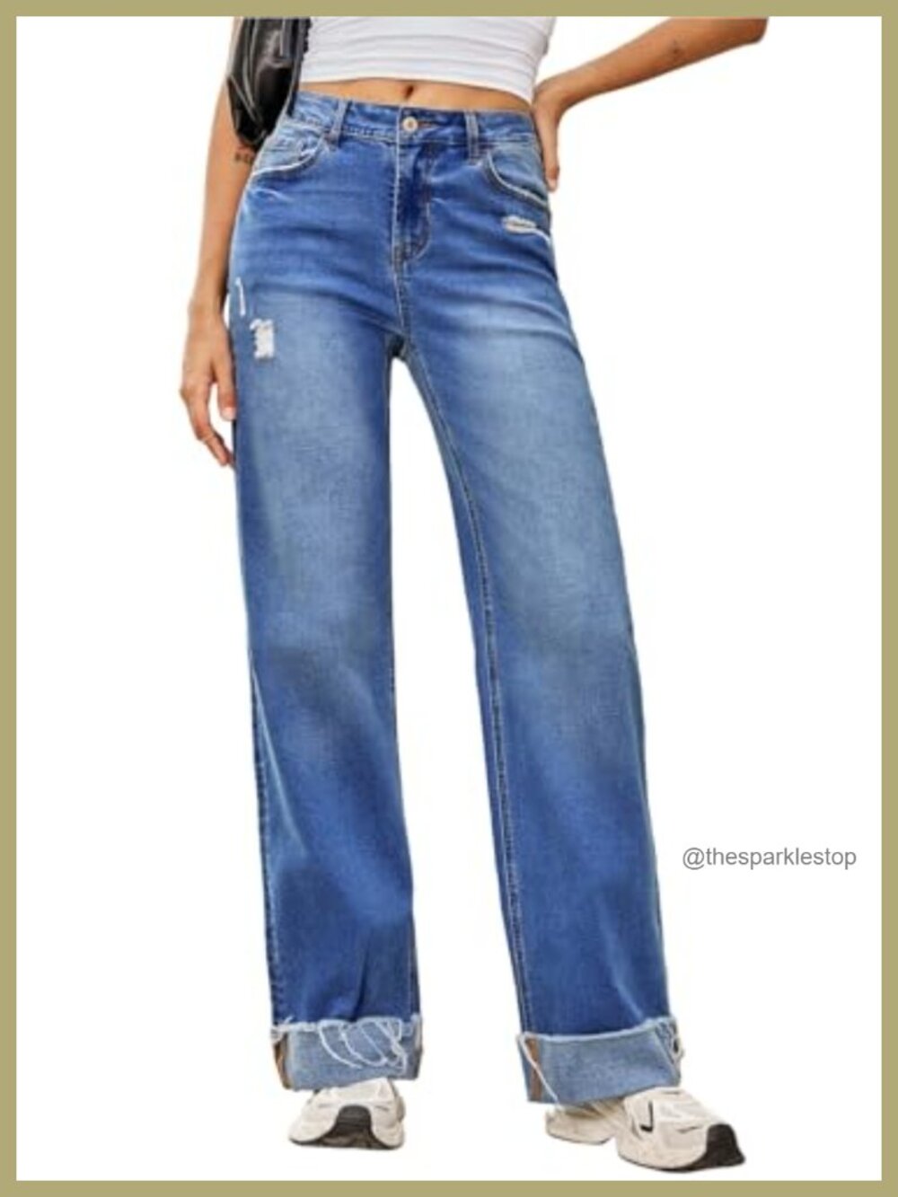 High Waisted Wide Leg Distressed Jeans Stretchy Folded Hem Denim Pants